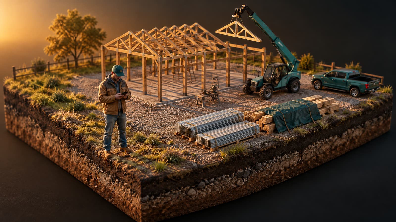 A miniature post-frame job site at golden hour: a builder checks his phone beside a pole barn frame as a truss is lifted into place