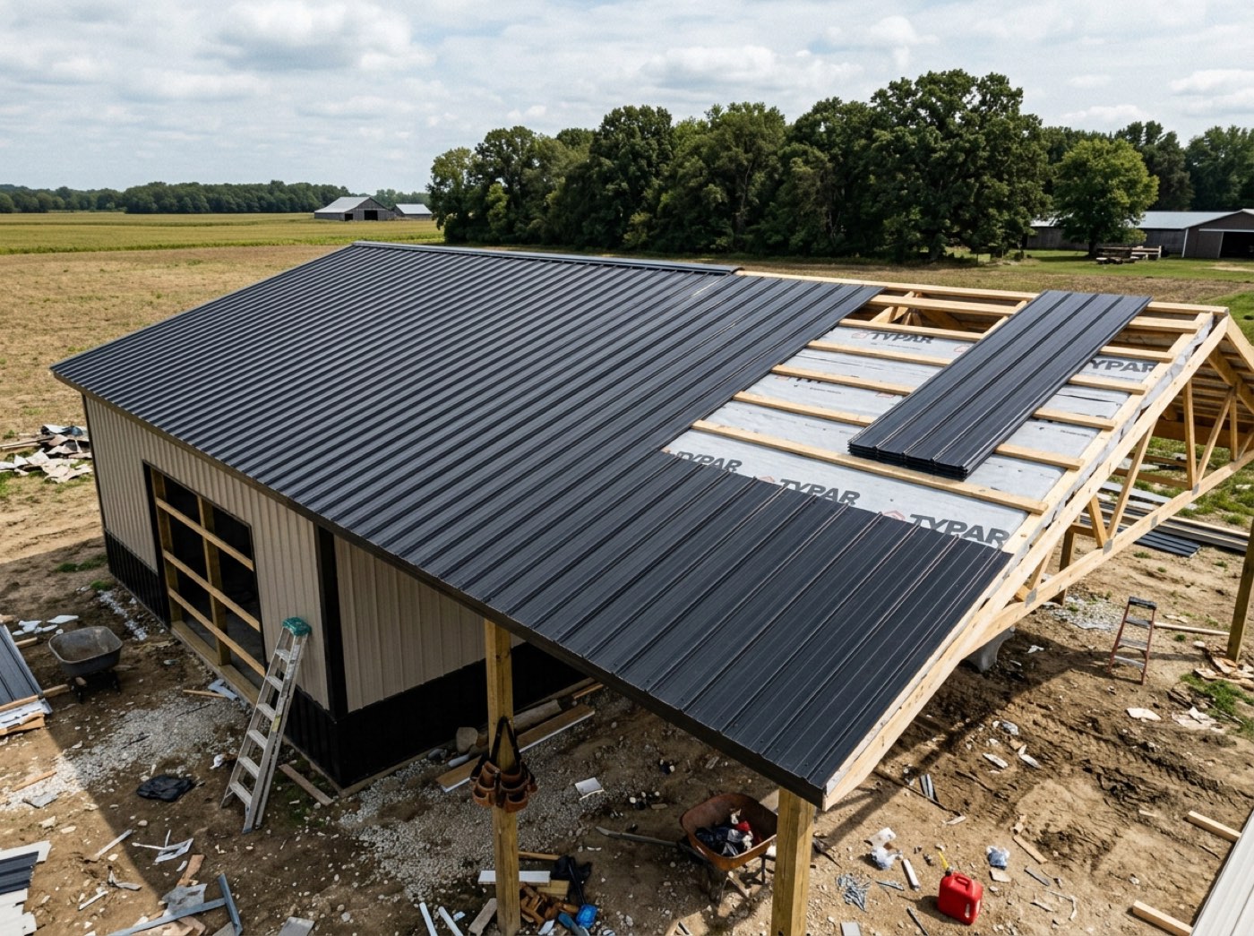 Standing-seam steel going on a roof