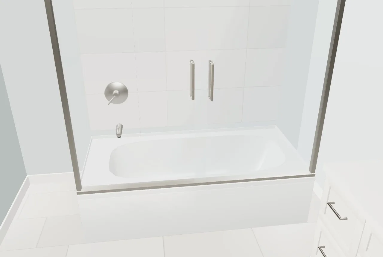An alcove tub with the tub and shower valve, spout and head on the drain end, behind a framed slider