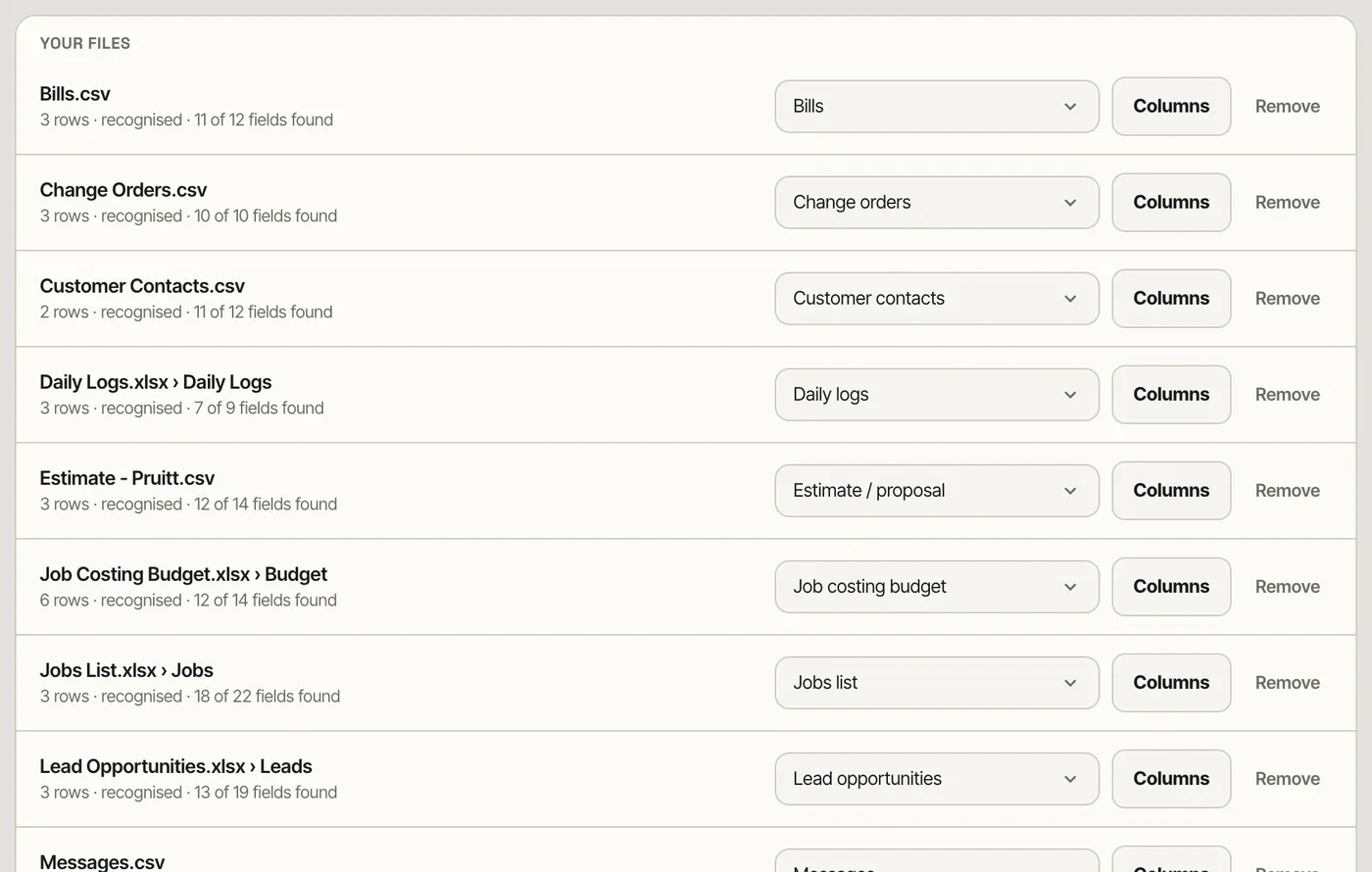 Import data: each BuilderTrend export recognised by its columns, with Columns to remap