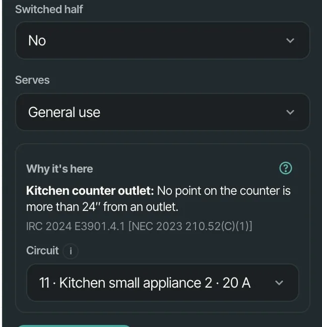 A kitchen counter receptacle: no point on the counter more than 24 inches from an outlet, with the IRC and NEC sections side by side, and the circuit it is on