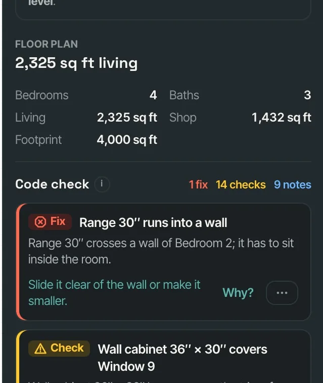 The floor plan's Code check with the code index switched on: a Fix for a range dropped across a bedroom wall, then a wall cabinet hanging across a window's trim