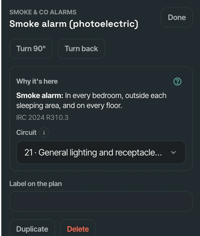 A smoke alarm selected on the plan: Why it's here — in every bedroom, outside each sleeping area and on every floor — with its IRC section and its circuit