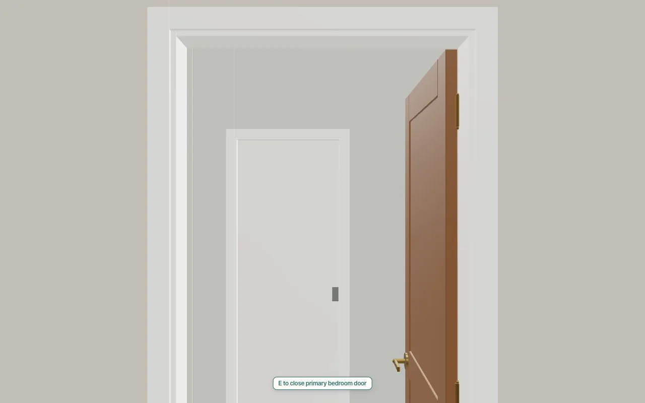 The same door opened with E: the slab swings on its hinges, its lever in brushed brass