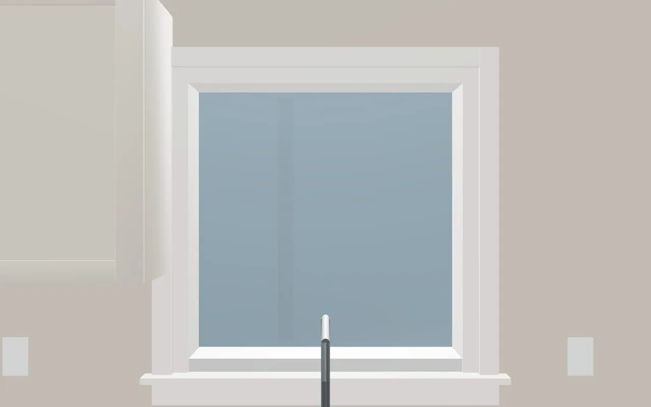 The kitchen window over the sink: casing, a stool and an apron, no framing showing above it