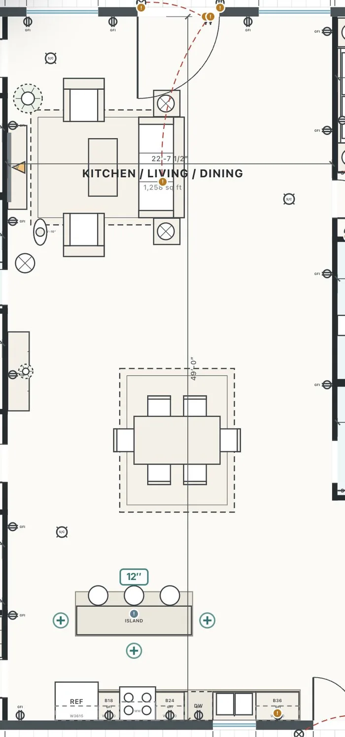 The same great room on the 2D floor plan: sofa, chairs, the dining set with every chair, the island stools