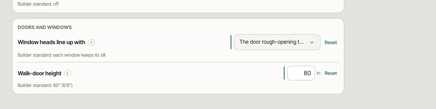 Design defaults, Doors and windows: window heads line up with the door rough-opening top, and one walk-door height