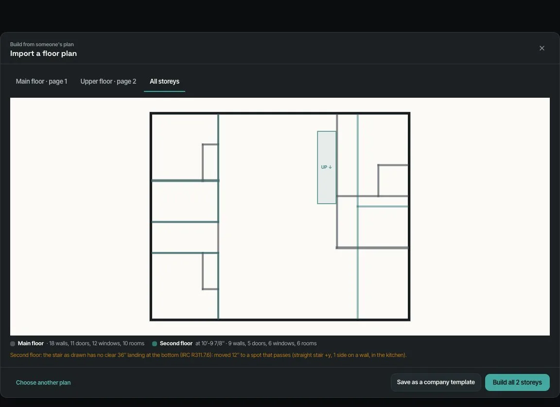 All storeys: both floors drawn over each other with the stair, and Build all 2 storeys or Save as a company template