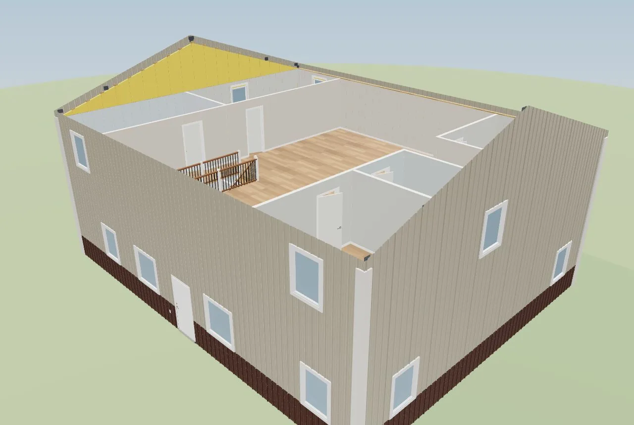 The imported two-storey barndo in 3D with the roof off: the upstairs on its floor, the stair where the plan drew it