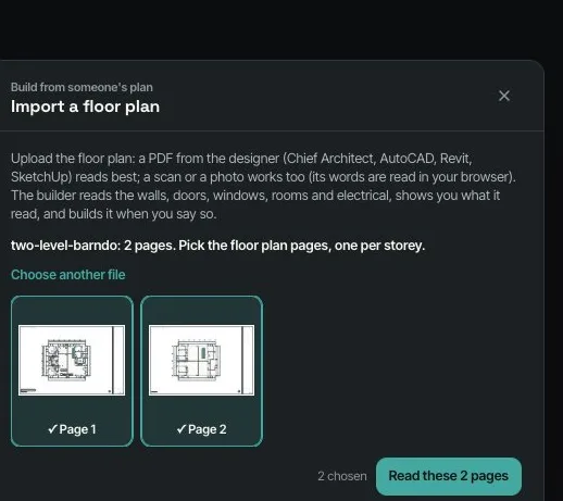 Import a floor plan: a two-page plan set with both floor-plan pages ticked, Read these 2 pages