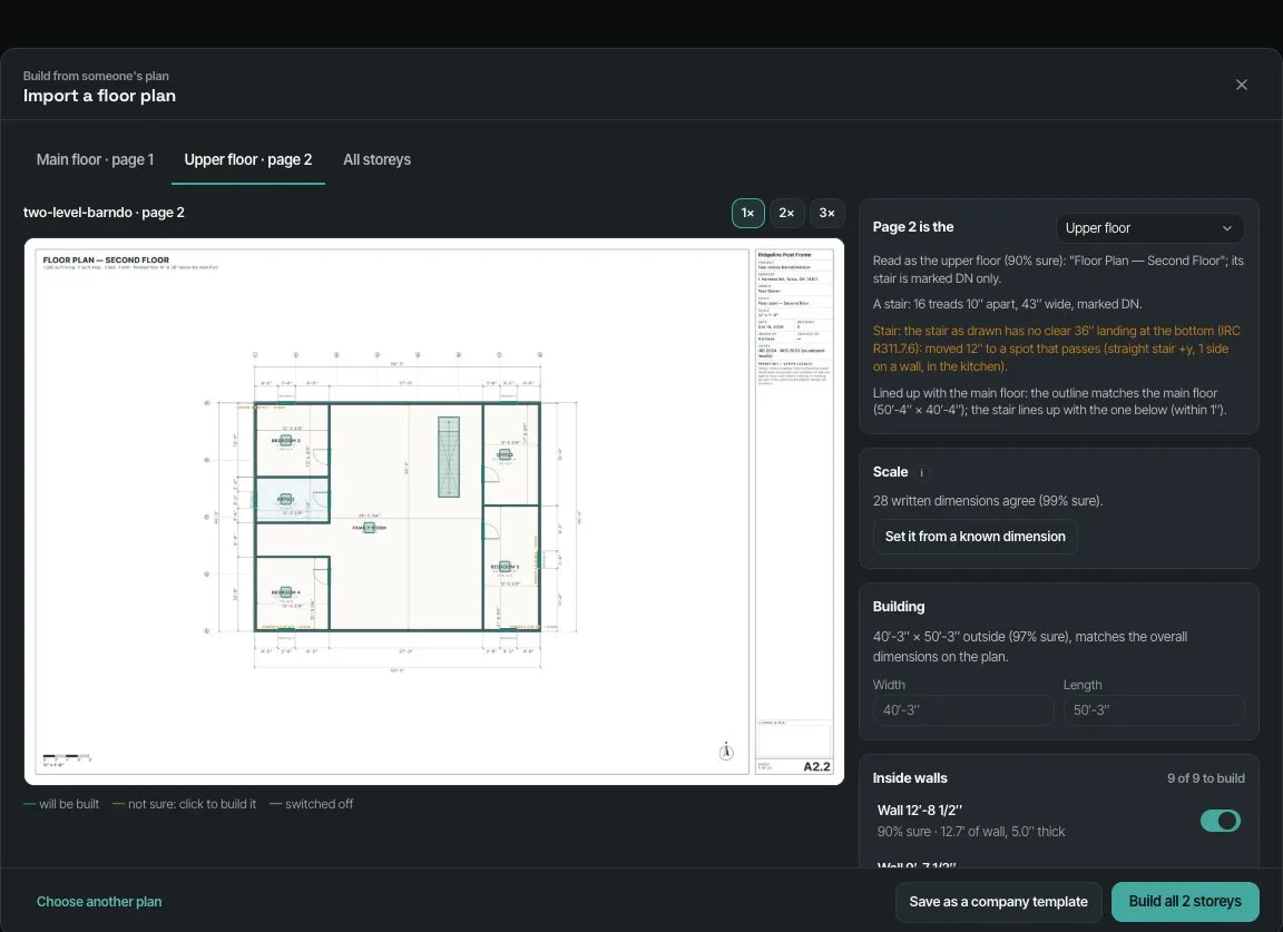 The second-floor page in the review: Page 2 is the Upper floor and why, the stair read, and how it was lined up with the main floor