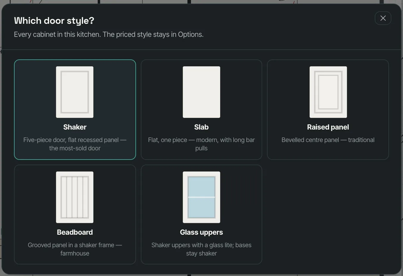 Which door style? Shaker, slab, raised panel, beadboard and glass uppers, for every cabinet in the kitchen
