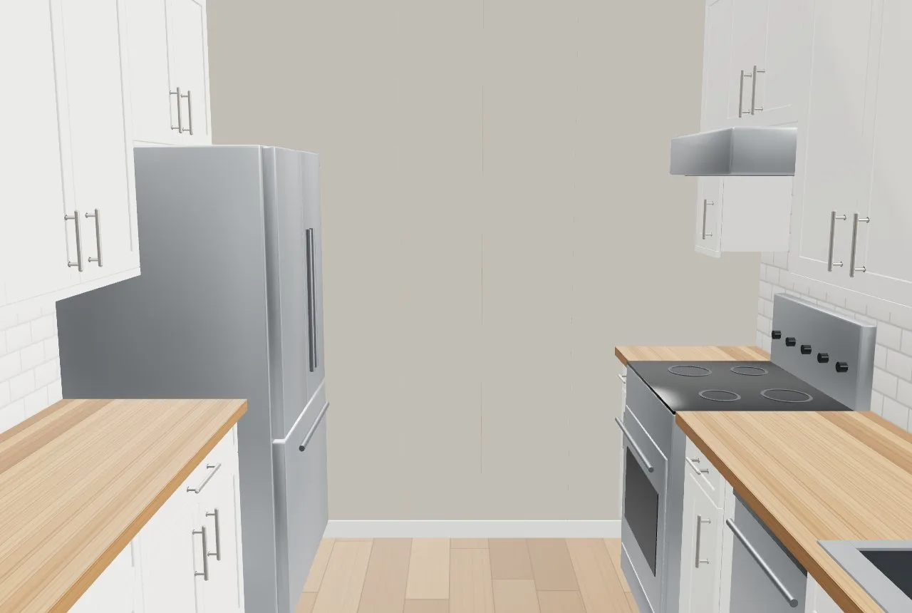 A galley kitchen at eye height: fridge and range on opposite runs with a clear aisle between