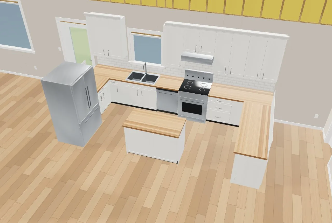 The same U kitchen from above: French-door fridge at an open end, dishwasher beside the sink, range with counter both sides, the island