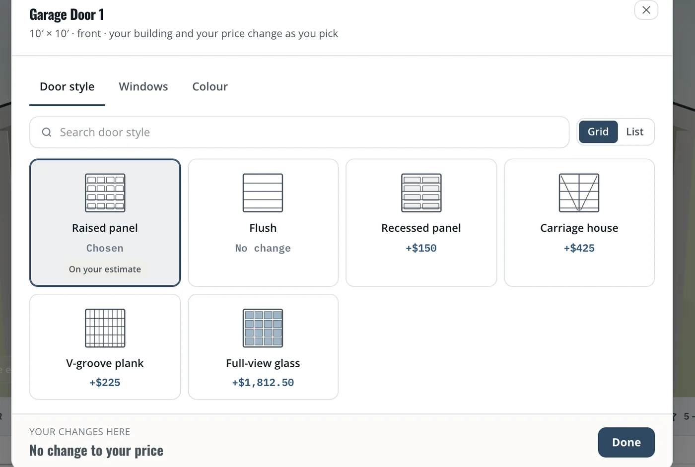 Garage Door 1 picker for the client: door styles in a grid, each with what it does to their price