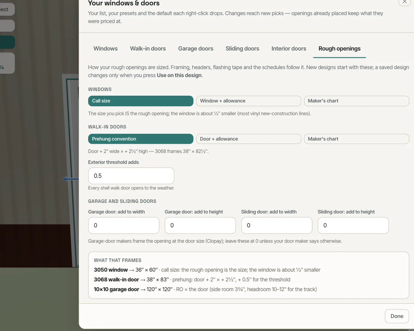 Rough openings: call size, window plus allowance or the maker's chart, the prehung convention and threshold, with live examples of what each one frames