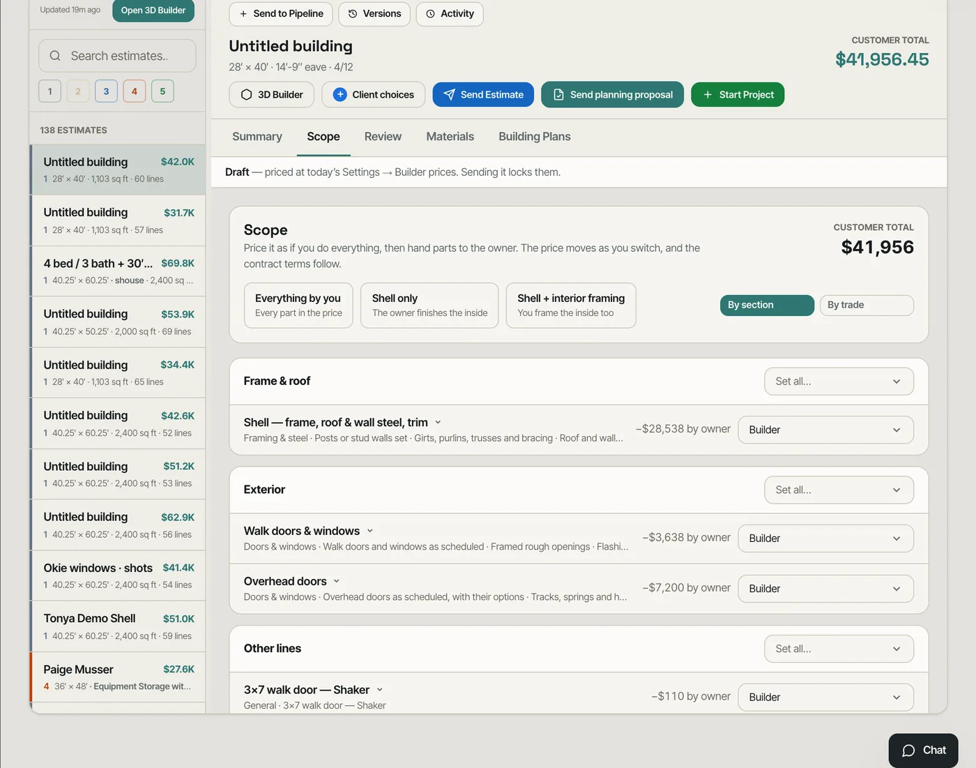 The estimate's Scope tab: every part of the job with Builder, By owner, Owner supplies material or Not in contract, and what each does to the customer total
