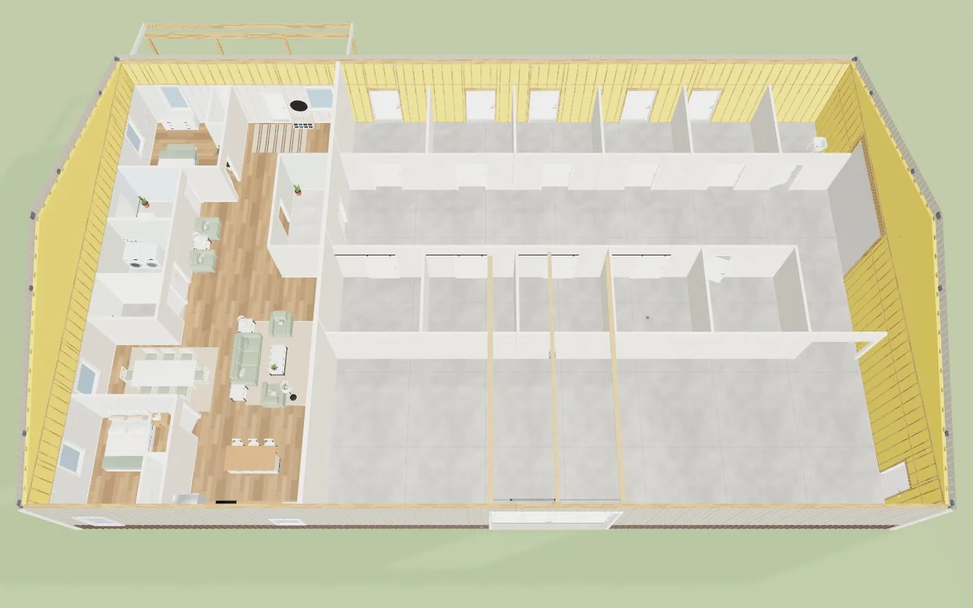A horse barn with living quarters: the quarters staged, the stalls left empty