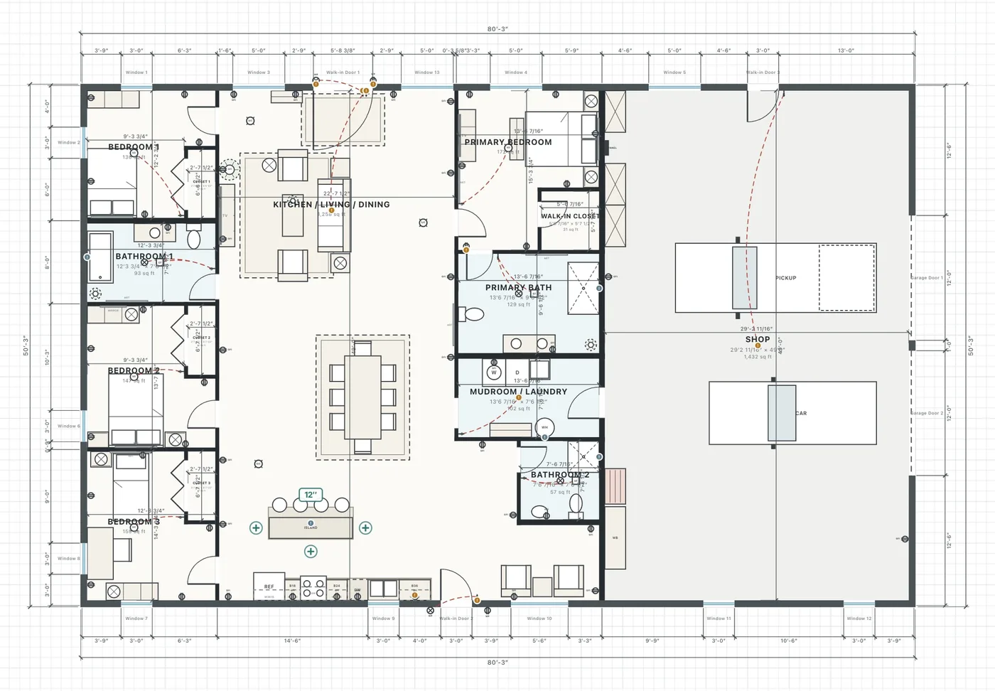 The floor plan after Stage it: beds, sofas, the dining set, rugs and the shop's vehicles drawn on the plan