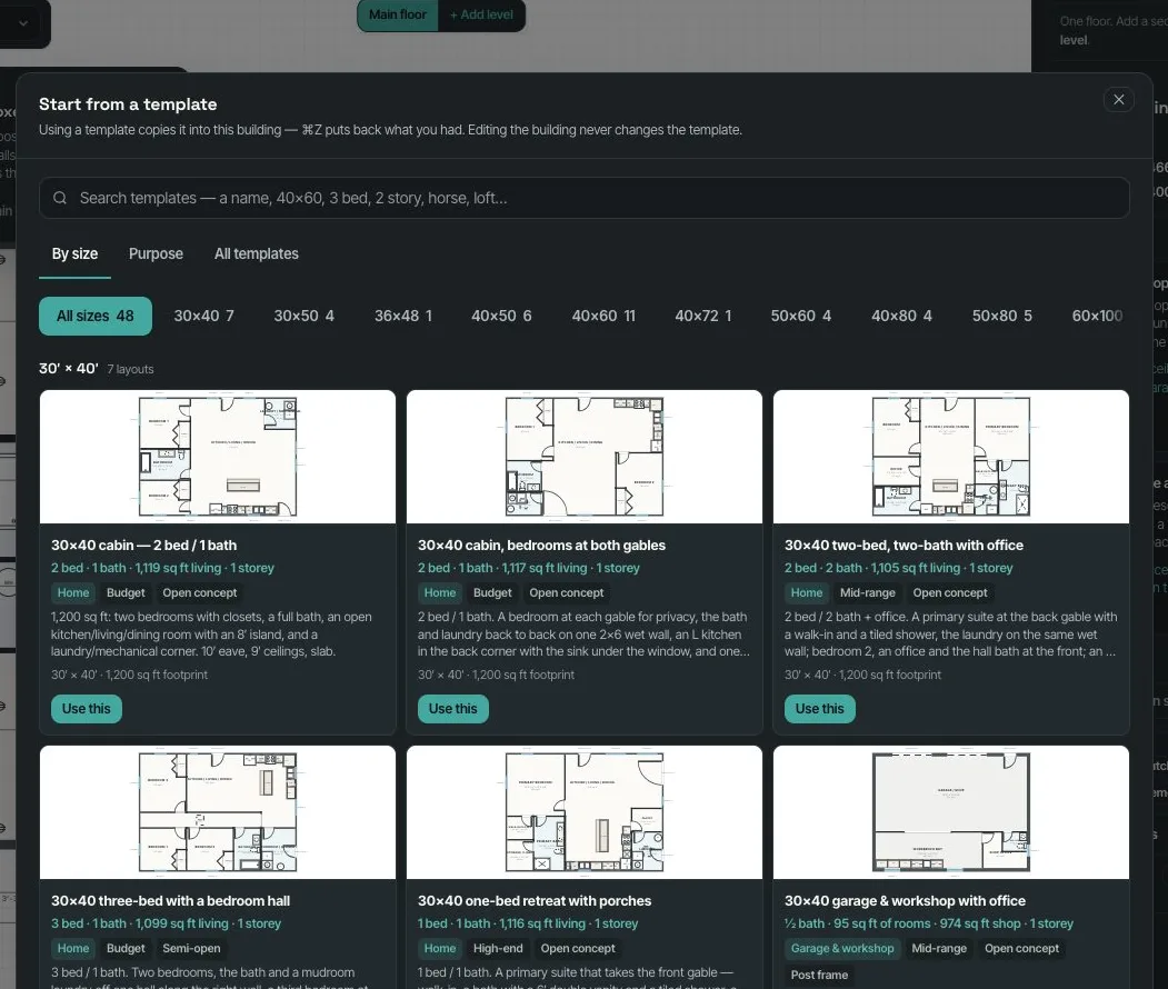 Start from a template, By size: a search box, a row of sizes from 30 by 40 to 60 by 100, and cards for each layout with beds, baths, square feet, storeys and Use this