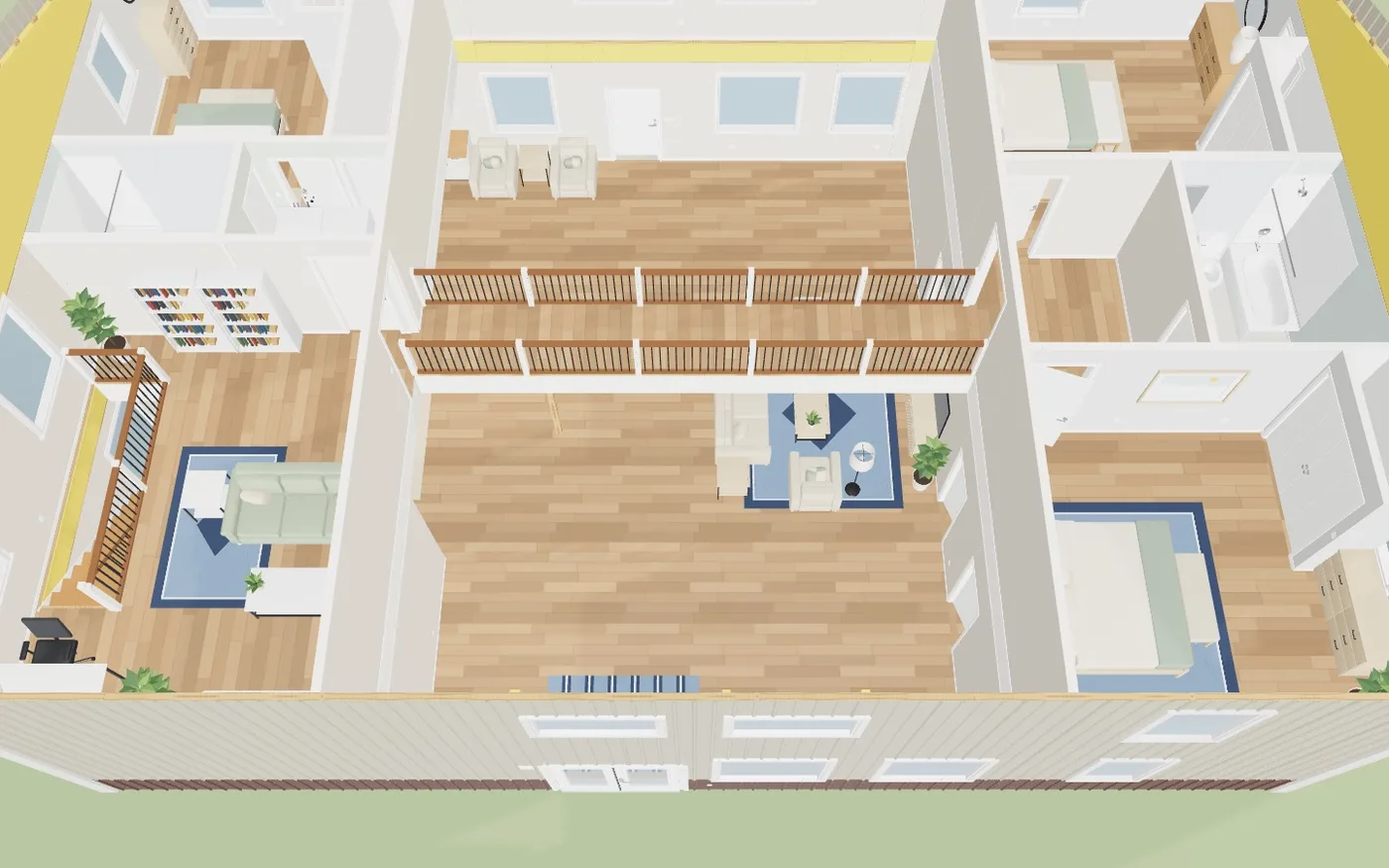 The 40 by 60 catwalk template in 3D with the roof off and Stage it on: the catwalk crossing the two-storey great room