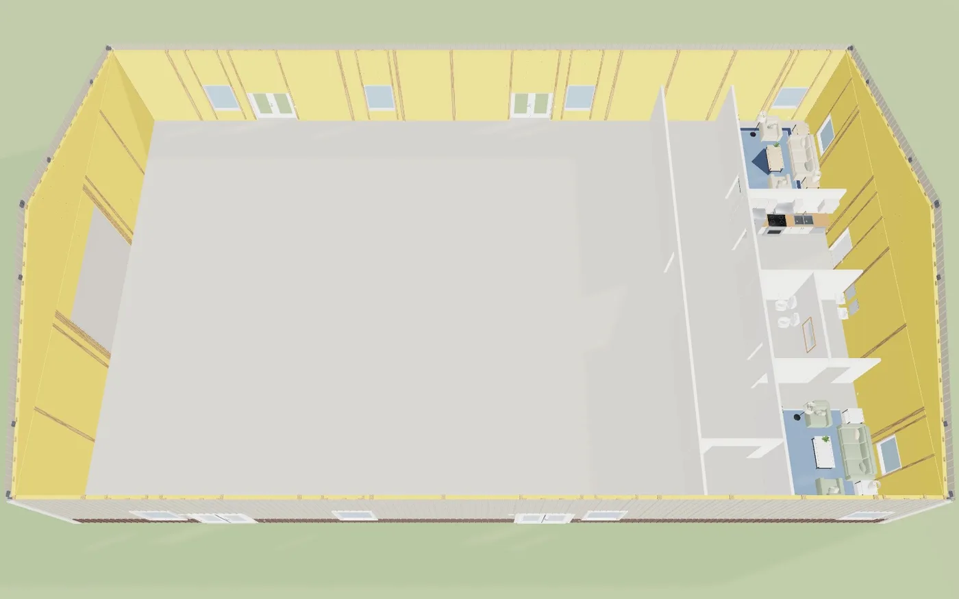 The 60 by 100 event barn template in 3D: the open hall with its restrooms and kitchen along one side