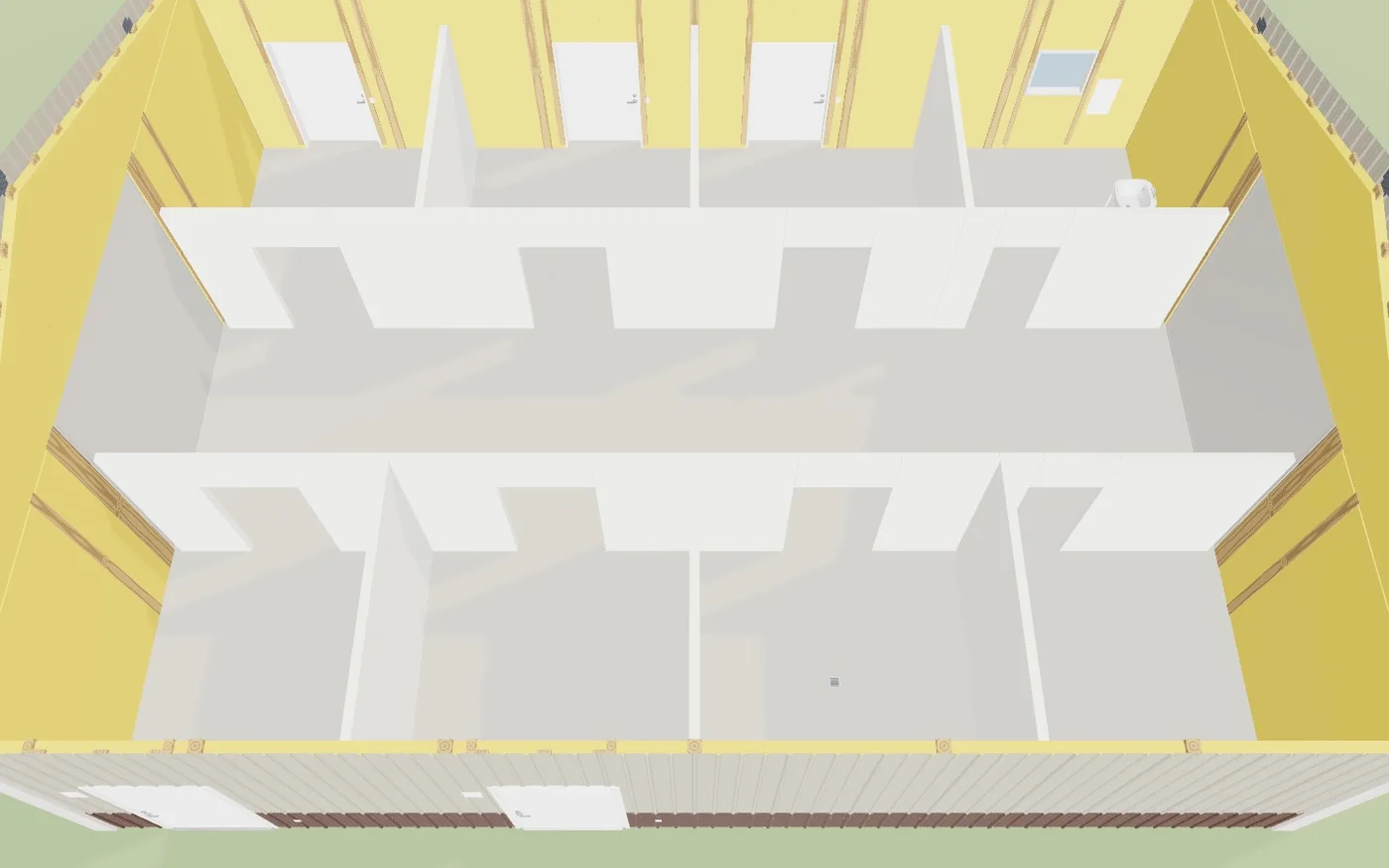 The 36 by 48 horse barn template in 3D with the roof off: stalls down both sides of the aisle