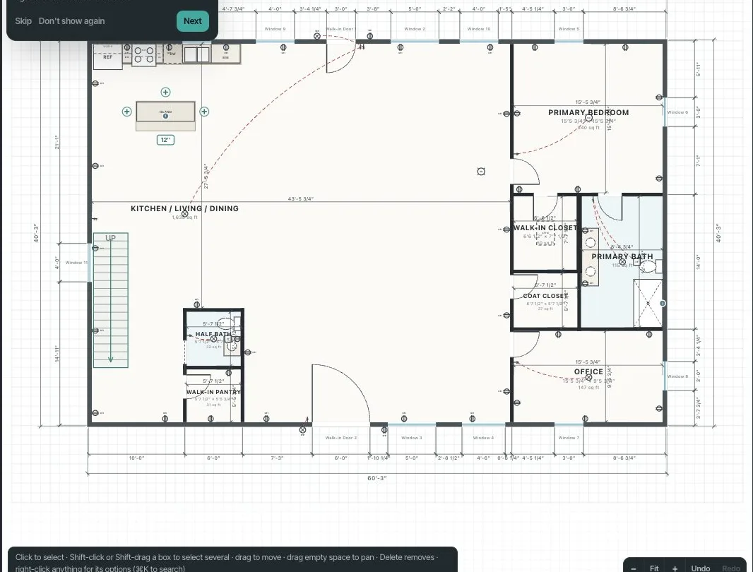 The floor plan after Use this: the 40 by 60 catwalk template's main floor drawn in the building, every room named, the stair up to the catwalk