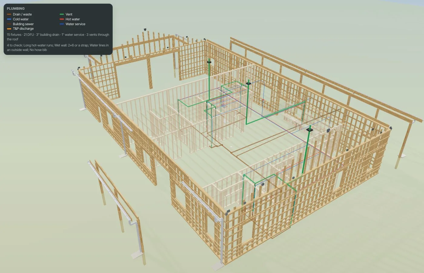 The Plumbing view: drains, vents to the roof and hot and cold PEX to every fixture, with the legend and what to check