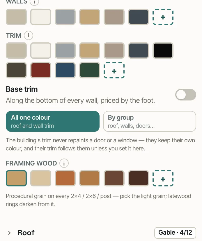 Trim colours: All one colour selected, By group one click away, and a Base trim switch