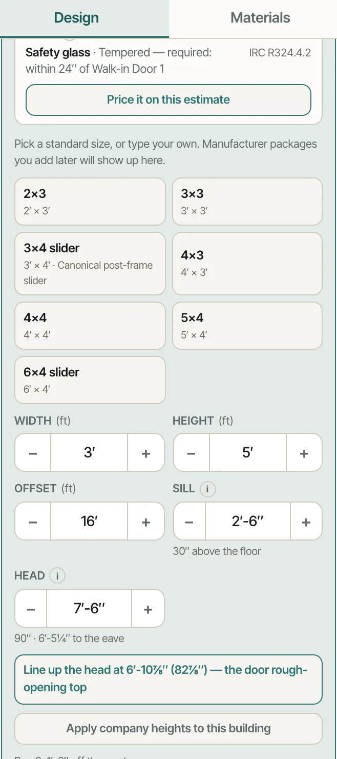 The window panel: a Safety glass check (IRC R324.4.2) at the top, then width, height, offset, Sill and Head, and the company heights button